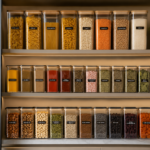 “This ₹ Budget Kitchen Set Changed My Pantry!” 1 modern kitchen pantry with transparent airtight containers filled with colorful spices and grains neatly organized on shelves