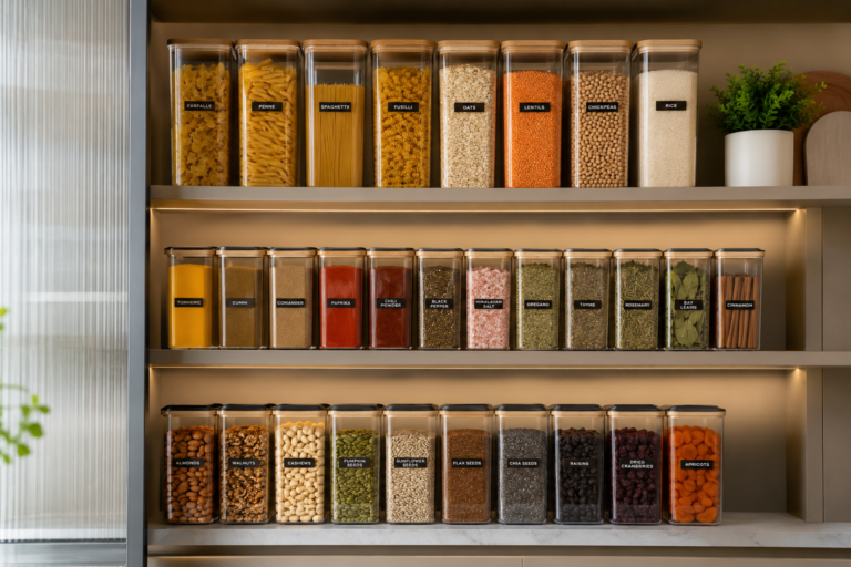 modern kitchen pantry with transparent airtight containers filled with colorful spices and grains neatly organized on shelves